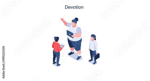 Isometric Illustration of a Teacher Guiding Students in a Classroom Setting.