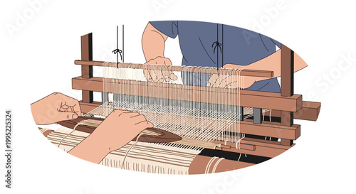 Close up illustration of a person operating a traditional wooden hand loom to weave fabric. EPS Editable. Vector Illustrations.