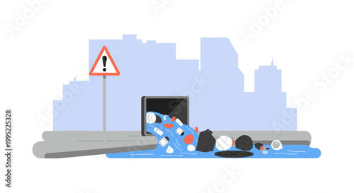 Clogged storm drain overflowing with plastic waste and garbage. EPS Editable. Vector Illustrations.