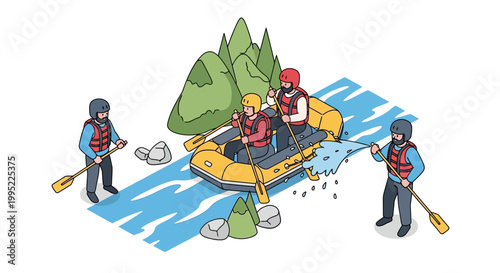 Adventurous People Whitewater Rafting on a Raging River.