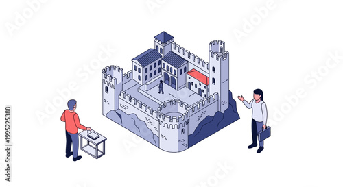 Isometric Illustration of a Majestic Medieval Castle with People.