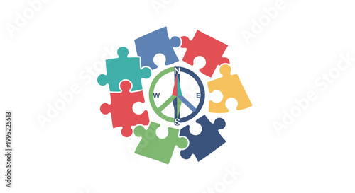 Colorful puzzle pieces arranged in a circle around a central peace symbol. EPS Editable. Vector Illustrations.