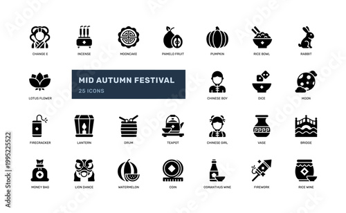 Mid Autumn Festival Solid Glyph Icon Set Chinese Moon Holiday Sign