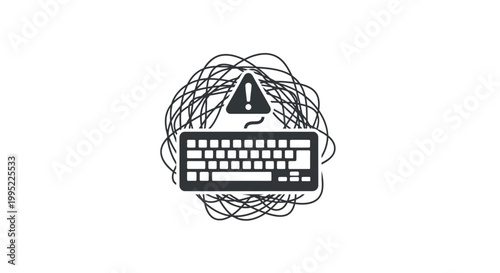 Computer keyboard icon with warning sign and messy scribbles. EPS Editable. Vector Illustrations.