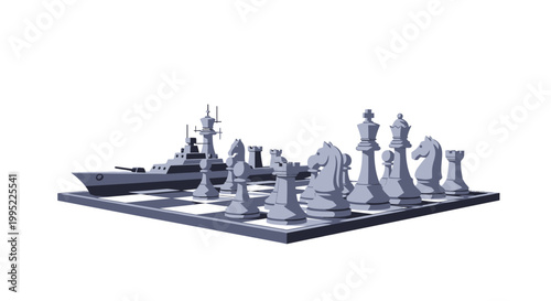 Conceptual chess board with a military warship replacing chess pieces. EPS Editable. Vector Illustrations.