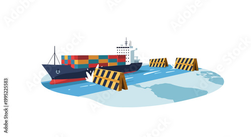 Container Ship Navigating Through Water Obstacles. EPS Editable. Vector Illustrations.