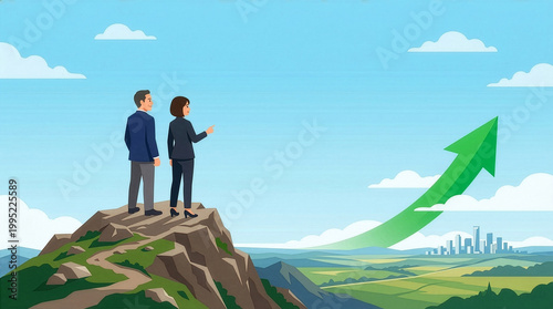 山の頂上から未来を見据えるビジネスチームと上昇する緑の矢印、成長と成功、ビジョンのコンセプトイラスト