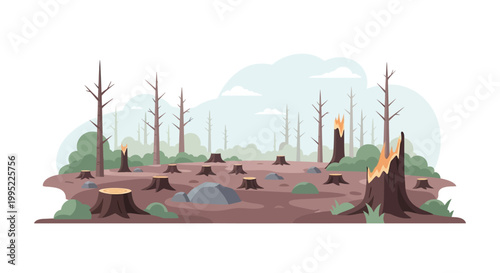 Deforestation landscape with tree stumps and dead burnt trees. EPS Editable. Vector Illustrations.