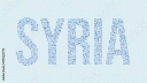 Syria dotted map animation. Digital style shape of the country. Syria shape and title dots appear with bulb flickering effect. Intro, outro, logo, title video.