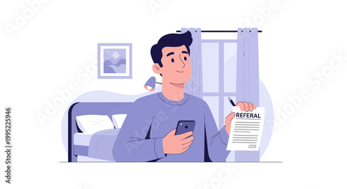 A man uses a telemedicine illustration on his phone for an online doctor consultation at home.