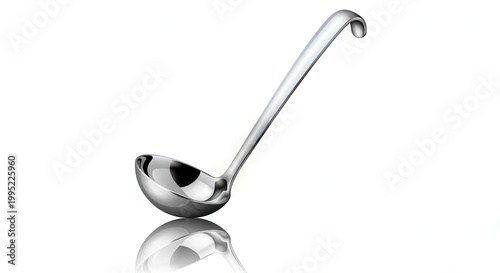 Gleaming metallic kitchen ladle for culinary serving on a pristine white background with reflection
