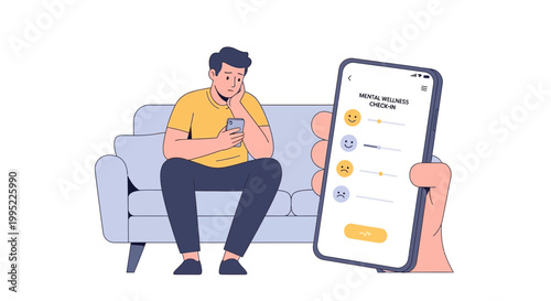 Man sitting on sofa uses health app for online doctor consultation with telemedicine illustration on phone