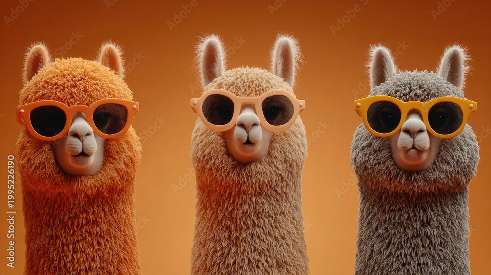 Fototapeta premium Three Cool Llamas Sporting Stylish Sunglasses in a Row.