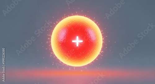 A vibrant, positively charged energy sphere glowing intensely, depicting atomic or cellular