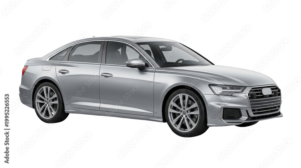 Obraz premium A sleek silver audi sedan parked on a white background, showcasing its modern design.