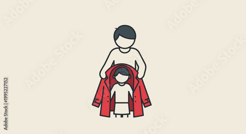 Person putting on red jacket.