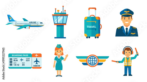 Collection of colorful aviation icons including airplane, pilot, flight attendant, and airport tower.