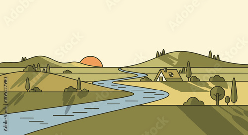 Winding River Through Green Landscape Hills.