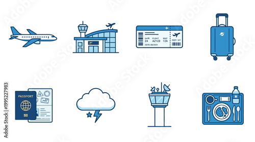 Set of blue icons featuring an airplane, terminal, ticket, suitcase, passport, stormy weather, control tower, and an inflight meal tray.