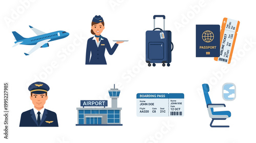 A detailed set of blue and white flat design vector illustrations showcasing essential air travel elements, perfect for digital projects.