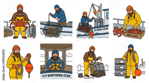 Bearded crab fishermen wear yellow rain gear and knit hats while working on commercial vessels to catch fresh alaskan king crabs