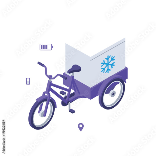 Electric delivery tricycle with refrigerated cargo box for transporting perishable goods in urban settings. Ecofriendly and efficient option for food delivery services.