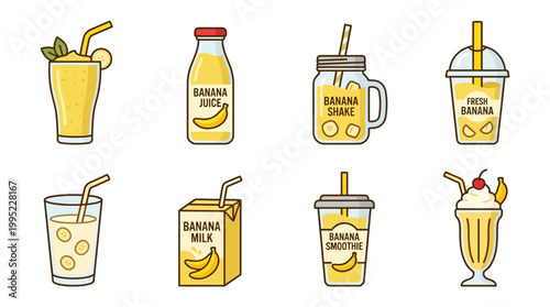 Collection of delicious yellow banana drinks including juice, milk, shakes, and smoothies perfect for refreshment