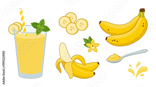 Delicious banana smoothie served in a clear glass with fresh mint leaves alongside ripe yellow bananas and sliced fruit pieces.