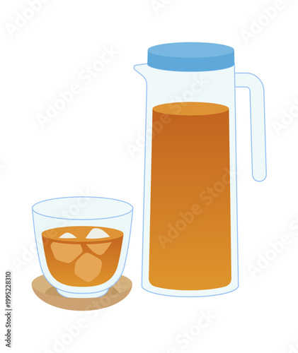冷たい麦茶とピッチャーのセットイラスト
