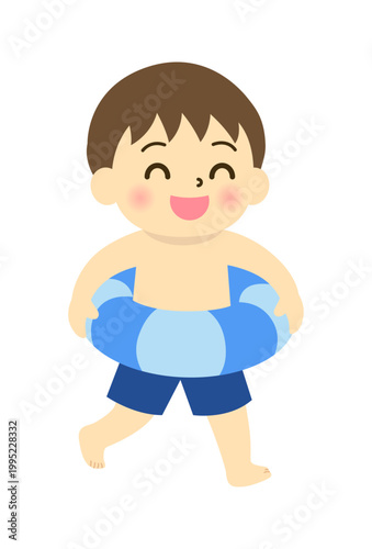 水着姿で浮き輪を持つ男の子のかわいいイラスト