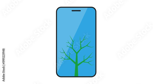 Digital ecology concept: Modern smartphone with minimalist green bare tree graphic on a blue screen, representing sustainable technology.