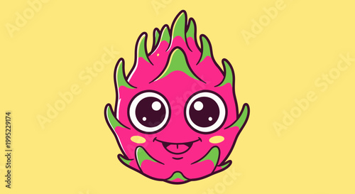 Cute Dragon Fruit Character with Big Eyes and Smiling Face
