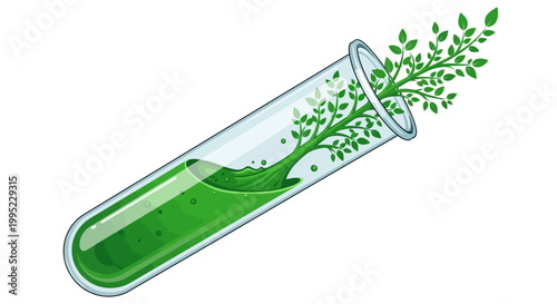 Green plant growing from a test tube with vibrant liquid, symbolizing biotechnology, sustainable science, and ecological innovation.