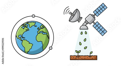 Global satellite technology for smart farming and Earth monitoring. Precision agriculture with remote sensing and orbital data.