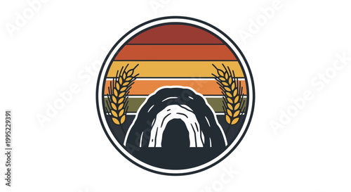 Vintage emblem of a cave entrance with wheat and sunset stripes