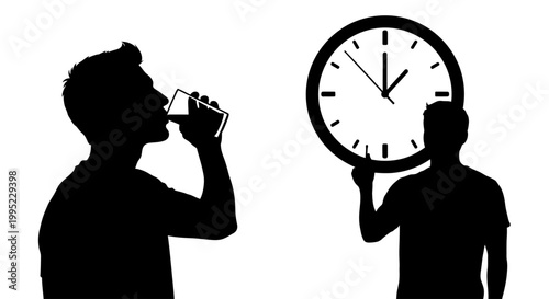 Obraz na plátne Silhouette of man drinking water while another holds a clock.