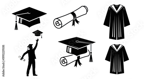 Set of black and white graduation ceremony icons including cap, diploma, and gown