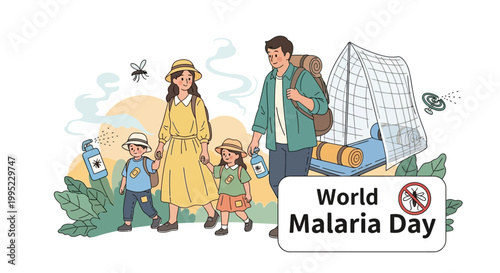 Vector illustration promoting World Malaria Day depicting a family of four venturing outdoors with mosquito repellent, embodying a public health campaign against mosquito disease