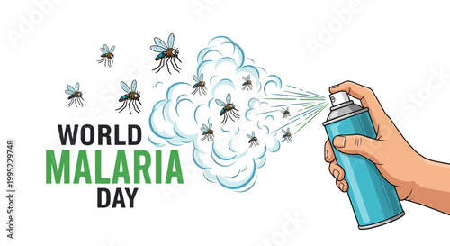 An illustration promoting World Malaria Day, showcasing a hand spraying insecticide towards mosquitoes, set against a clean white background to emphasize the healthcare awareness