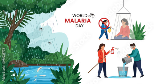 Informative vector illustration promoting malaria prevention for World Malaria Day, displaying mosquito control actions against a lush tropical landscape and people using nets, rendered