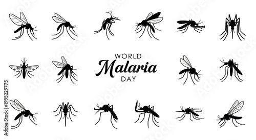 A flat lay vector illustration promoting World Malaria Day, featuring multiple mosquito drawings demonstrating malaria awareness and mosquito bite prevention, set against a clean white