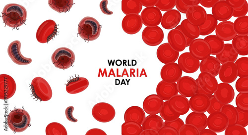 Illustrated vector showcases World Malaria Day, a global health campaign, with red blood cells and malaria parasites against a clean white background, promoting infectious disease