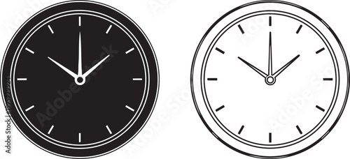 Two clocks one black filled white outline showing nearly ten oclock time.