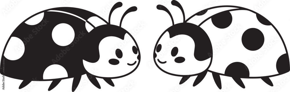 Fototapeta premium Two ladybugs black and white facing each other cute round insects dotted shells.