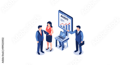 Isometric illustration of business people reviewing audit data on screen.