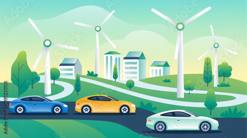 Eco friendly transportation, sustainable vehicles, green energy, wind turbines, suburban landscape