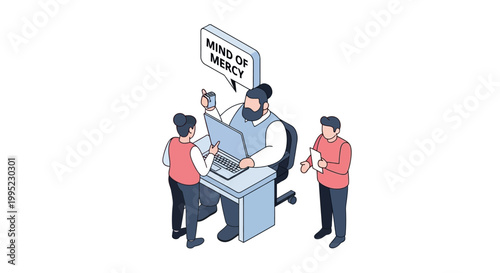 Isometric illustration of a counselor interacting with clients in a therapy session.