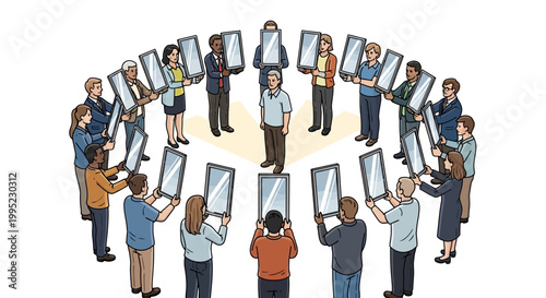 Diverse group holding mirrors reflecting a central individual, symbolizing self-reflection, feedback, introspection, and societal perception