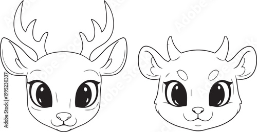 Cute cartoon deer head with big eyes, fawn animal face, baby deer portrait, antler illustration.