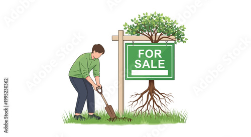 Man digging soil near 'FOR SALE' sign with a growing tree and roots, symbolizing green real estate, land for sale, or natural property development.